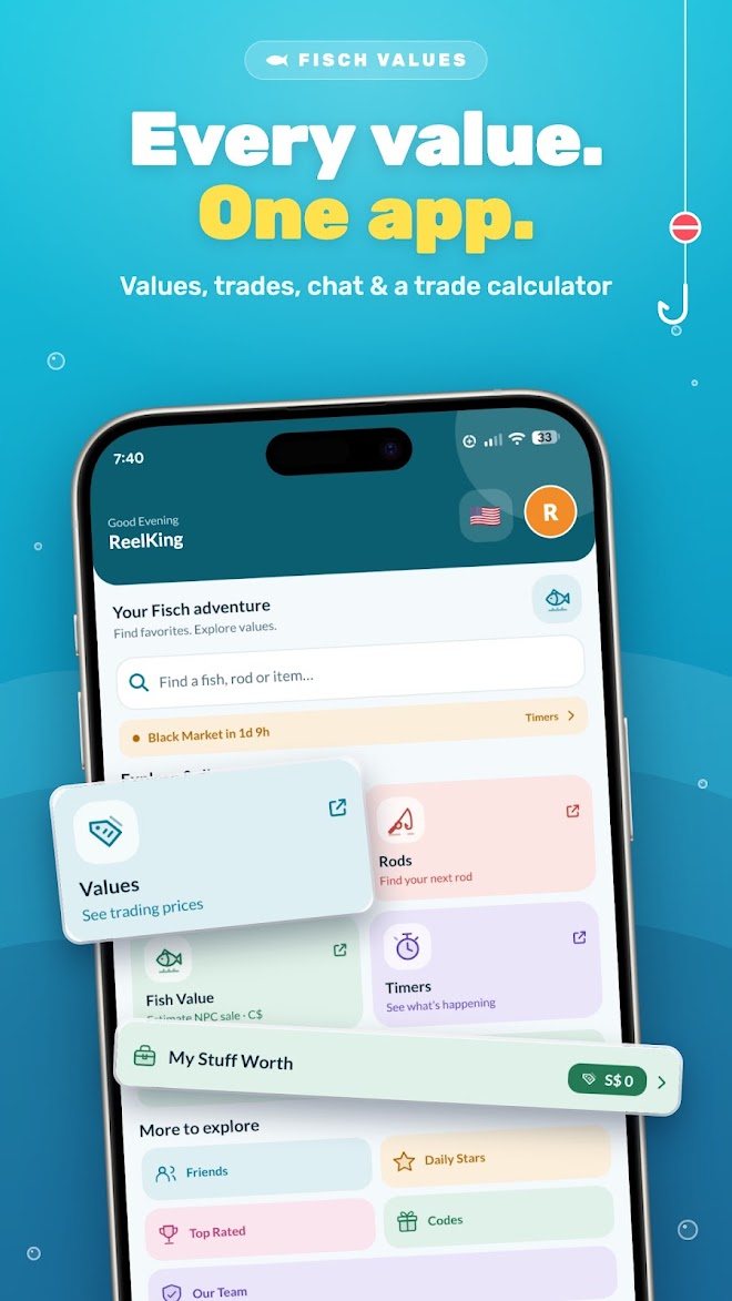 Fisch Values Calculator home screen with values, rods, fish value and timers