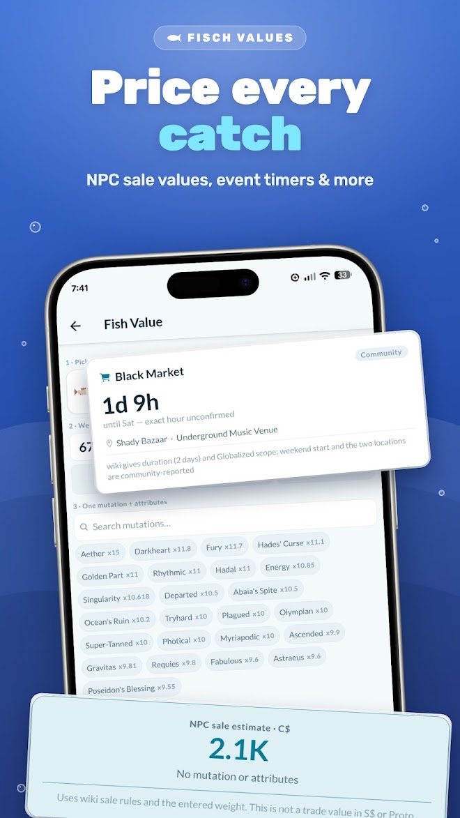 Fisch fish value calculator estimating an NPC sale price in C$