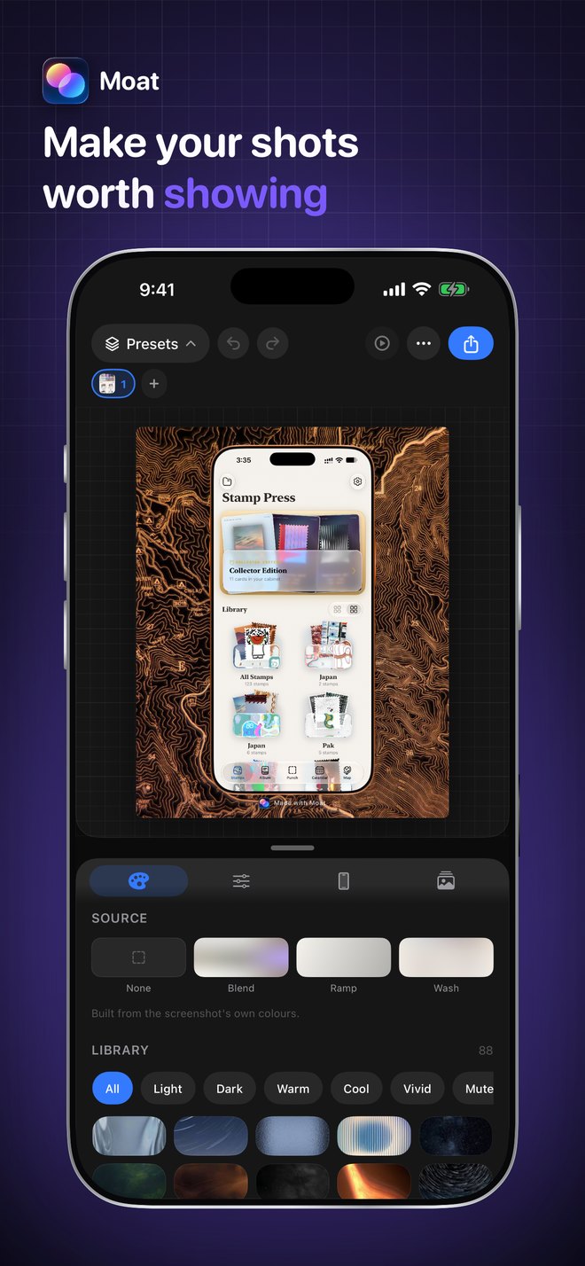 Moat editor with a screenshot on a gradient background