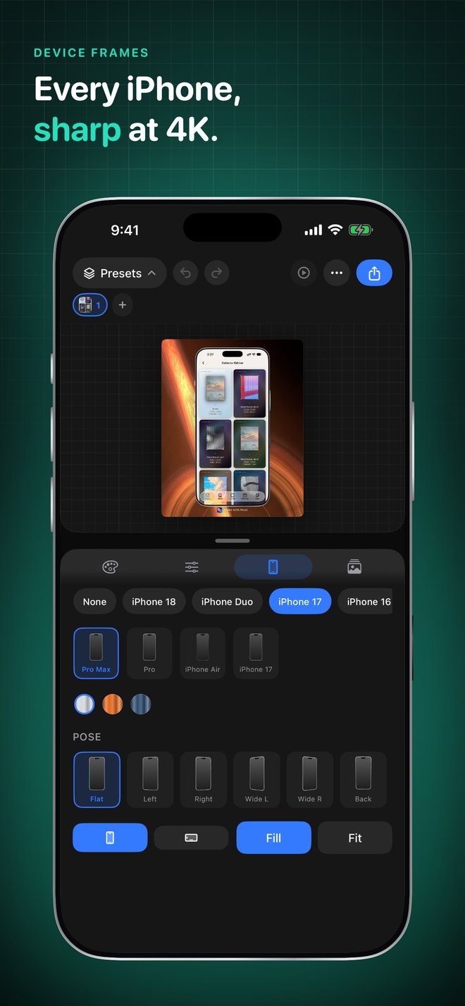 Moat device frame picker showing iPhone models