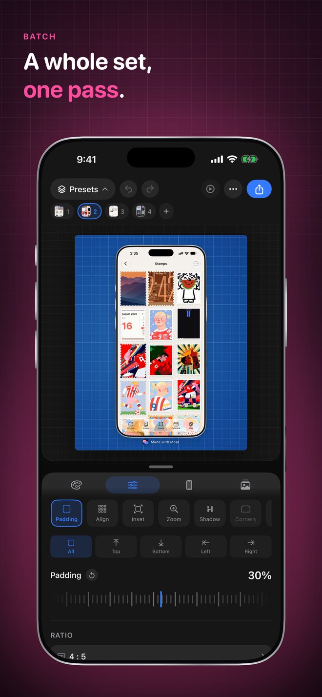 Moat batch layout with several screenshots on one canvas